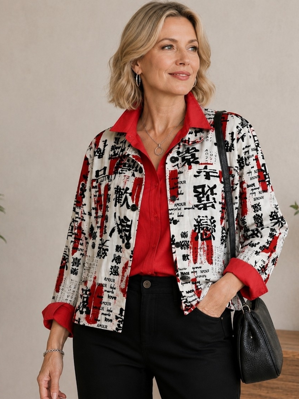 Chico’s Art-to-Wear Graphic Jacket Black Red White Abstract Print Cropped Button
